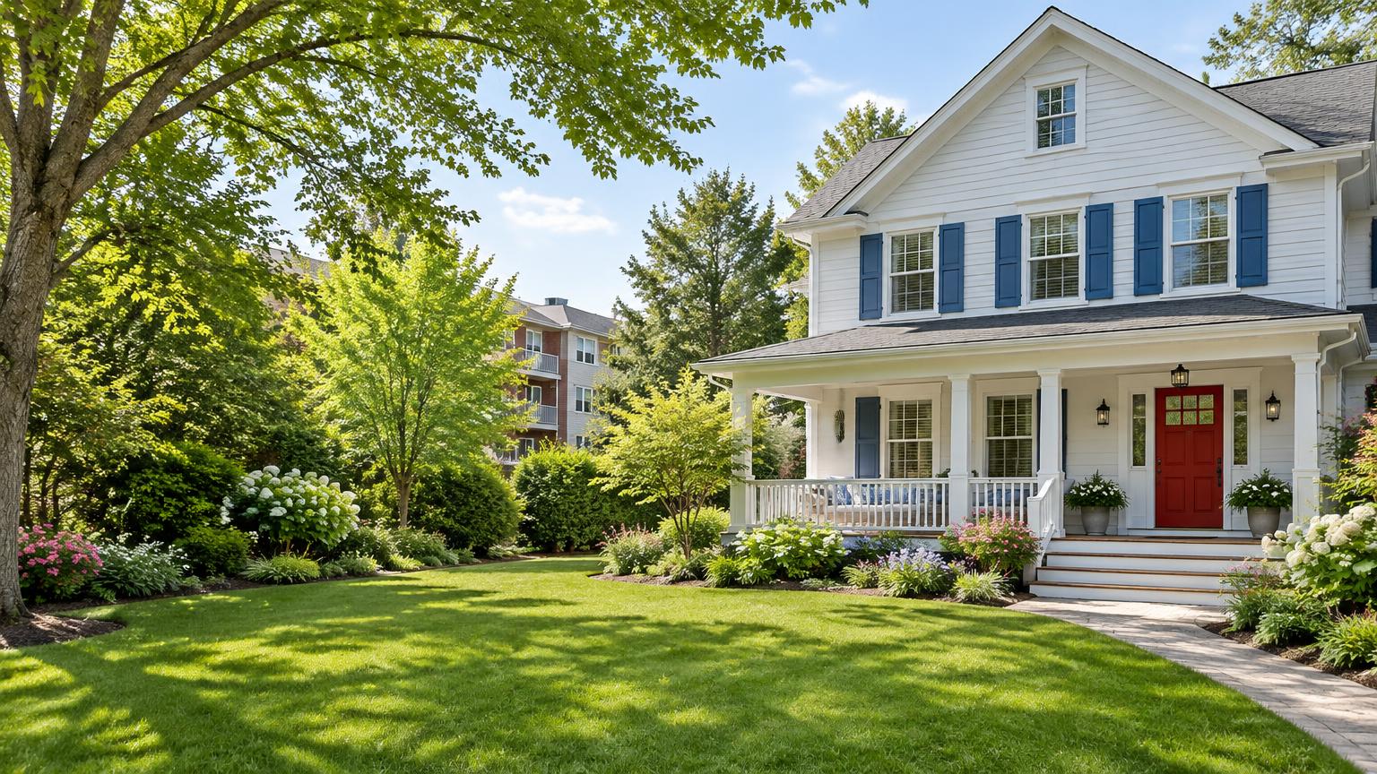A welcoming home with a front porch and leafy neighborhood garden